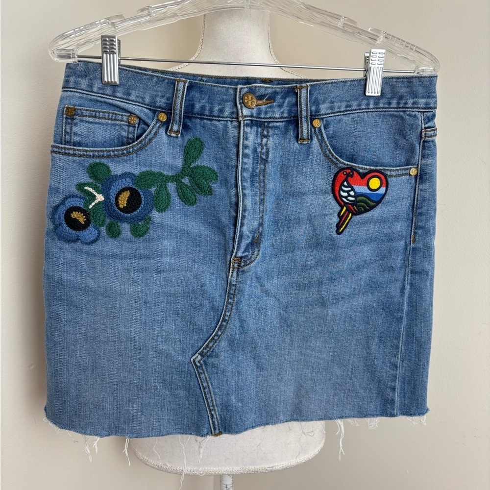 Tory Burch Blue Denim Mini Skirt with Embroidery Size 6